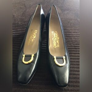 Salvatore Ferragamo Black Leather Heels with Gold Accent Size 7AAA